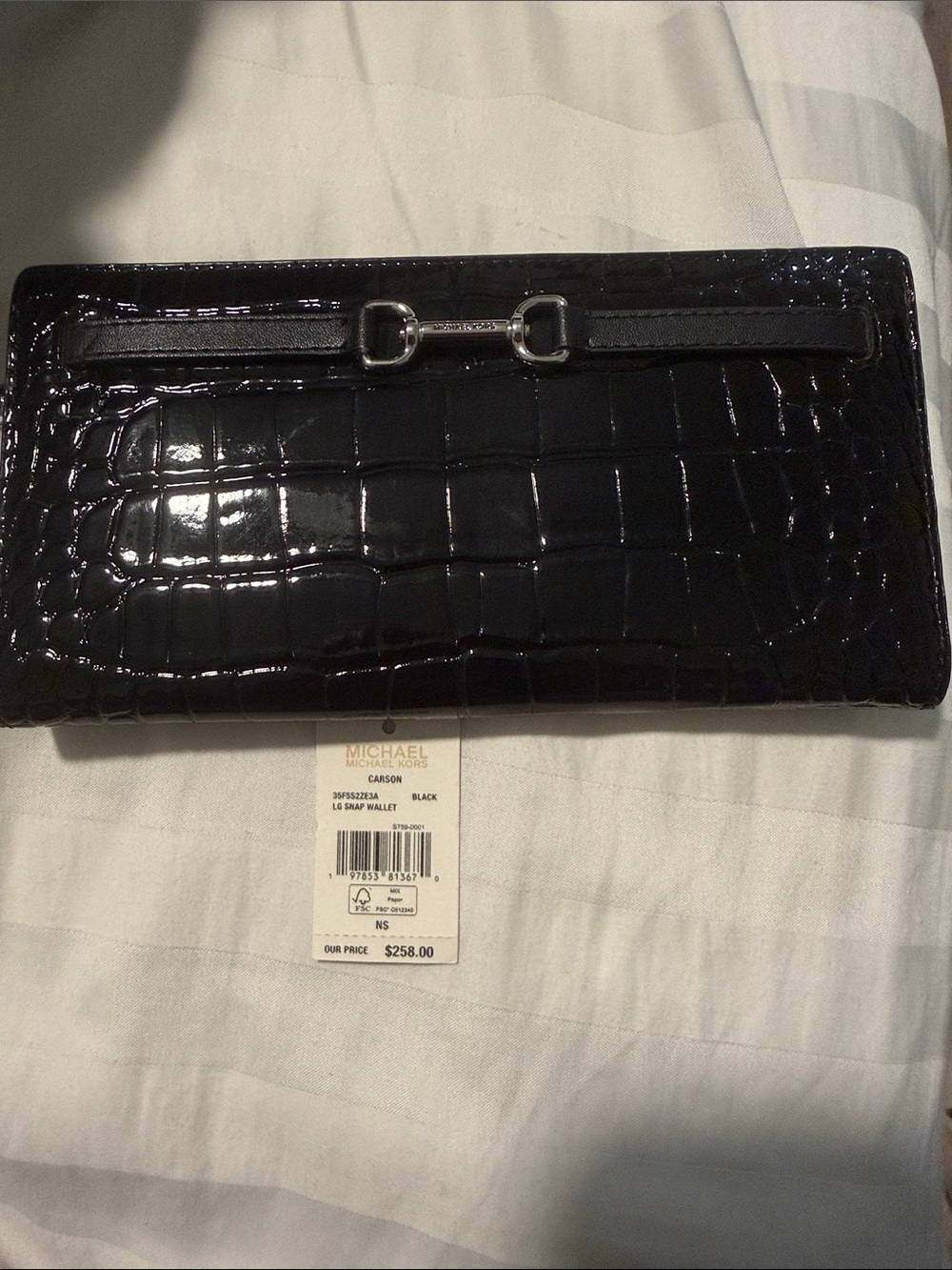 Michael Kors Black Croc-Embossed Patent Leather Clutch with Silver Horsebit